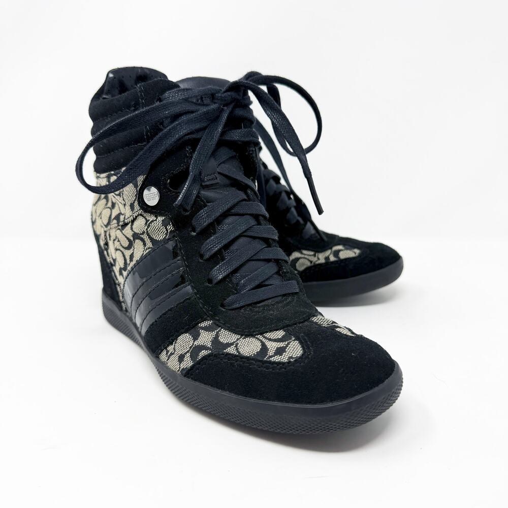 Coach Black Logo Sneaker Wedges Women's Size 6 Suede/Leather Accents